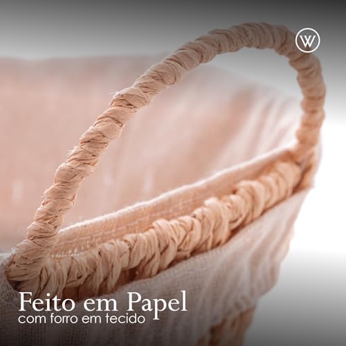 WOLFF - Cesta Redonda de Papel com Forro em Tecido com Alça 27cm x 24cm x 11,5cm
