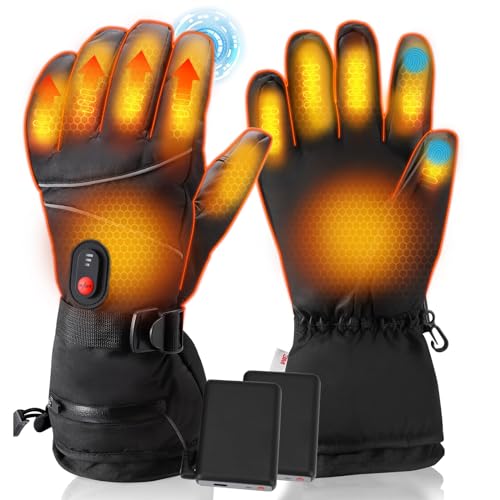 Guantes Calefactables Hombre, Calentados Guantes de Esquí Recargable, 2 Baterías de 3000mAh, 3 Niveles de Temperatura Ajustable, Guantes Invierno Hombre para Esquí Senderismo Caza Cámping