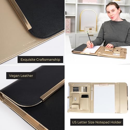 blu monaco black vegan leather portfolio binder for women - professional padfolio with magnetic closure amp gold trim business organizer case