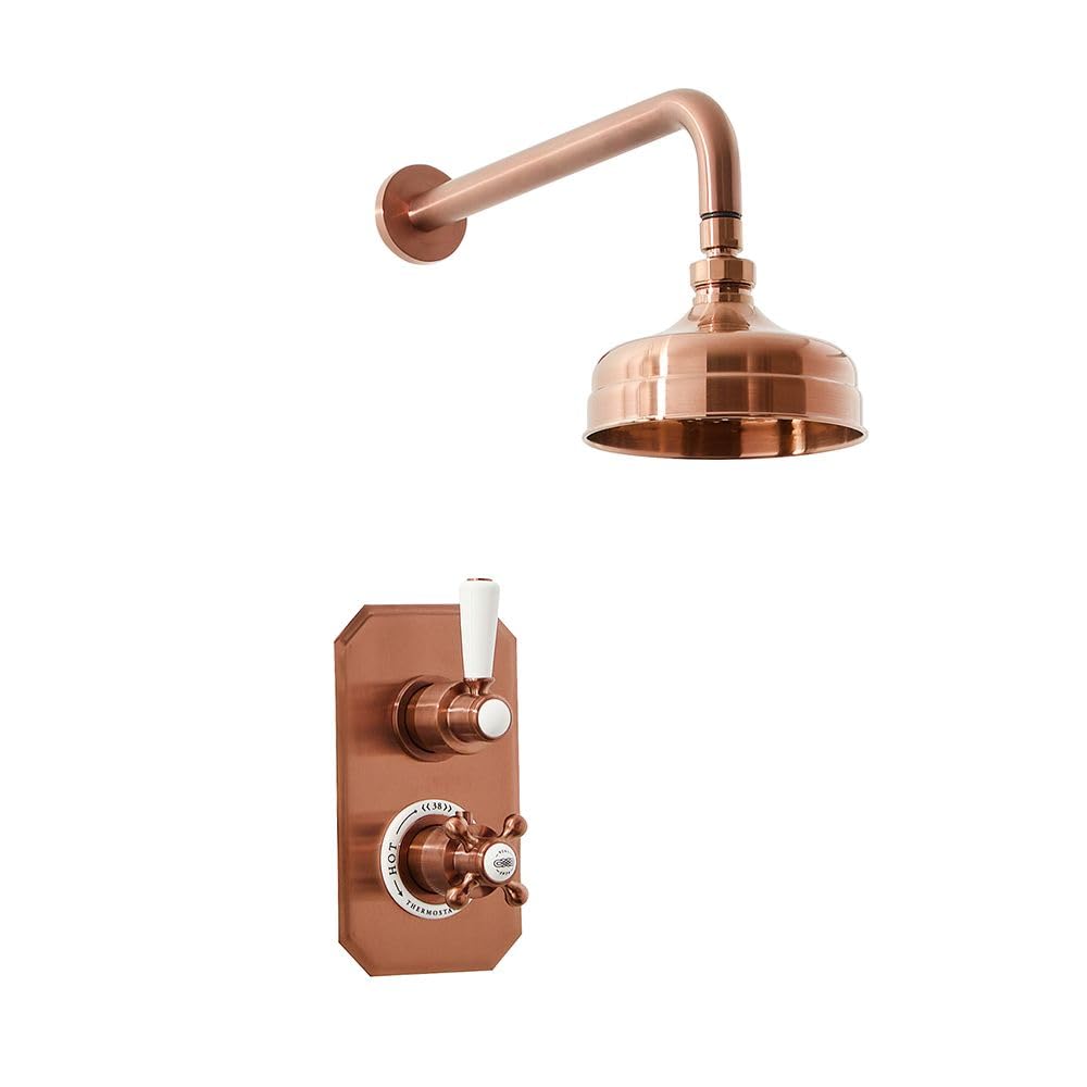 Milano Brushed Copper Elizabeth Thermostatic Mixer Valve 155Mm Round Shower Head Arm