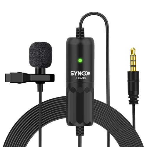 SYNCO S8 8 Metros Lavalier-Microfono-Solapa-Corbata-Condensador Omnidireccional, Clip Microphone Compatible para DSLR Cámaras Reflex, Móviles, Computador Portátil, PC
