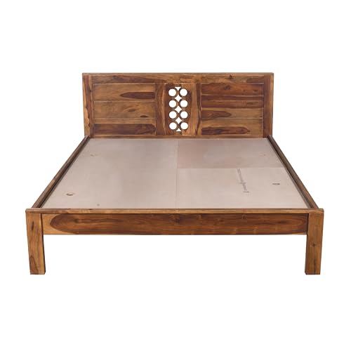 Image of EXCEL International Jiksa Design Solid Sheesham (Rose) Wood Queen Size Bed Without Storage | Wooden Double Bed | Rosewood, with Provincial Teak Finish - Elegant, Durable & Spacious