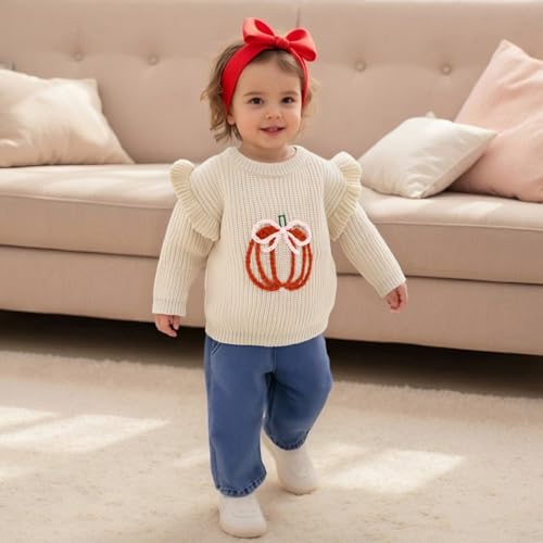 Toddler Baby Girl Halloween Outfit Pumpkin Bow Embroidery Knit Sweater Pullover Sweatshirt Fall Winter Clothes2