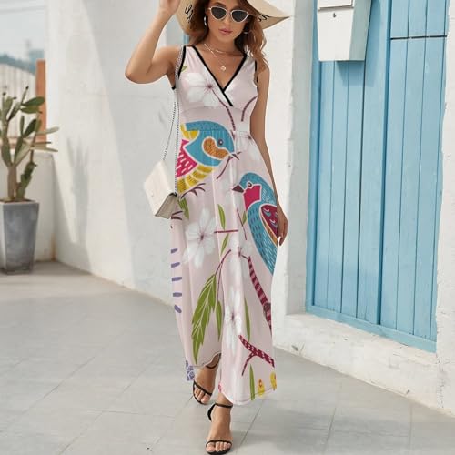 Robe maxi imprimé oiseaux de couleur coupe longue fluide et estivale