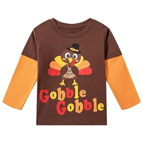 Fantasy Era Infant Toddler Boy Thanksgiving Long Sleeve Shirt with Cute Little Turkey Gobble Print(Brown,12-18Months)