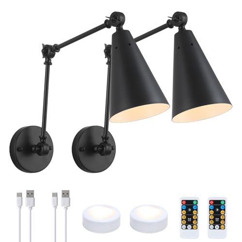 Image of MWZ Black Swing Arm Wireless Rechargeable Sconces Set of 2,Battery Operated Dimmable 3 Color Cordless Wall Lamp with Remote,Indoor Wall Mounted Light Fixture with Cone Metal Shade for Bedside