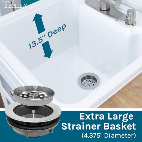 Image of White Utility Sink in White Vanity, Stainless Steel Pull-Down Sprayer Faucet, Soap Dispenser and Spacious Cabinet by JS Jackson Supplies for Garage, Basement, Shop and Laundry Room