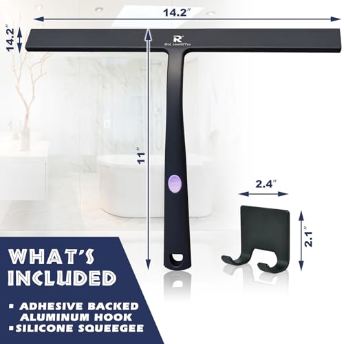 Image of Squeegee for Shower Door 14 Inch Wide Blade, 11 Inch Short Handle One-Piece Silicone with Stainless Steel Core, Non-Slip Grip Window Squeegee for Bathroom Mirror Car Windshield, Aluminum Hook (Black)
