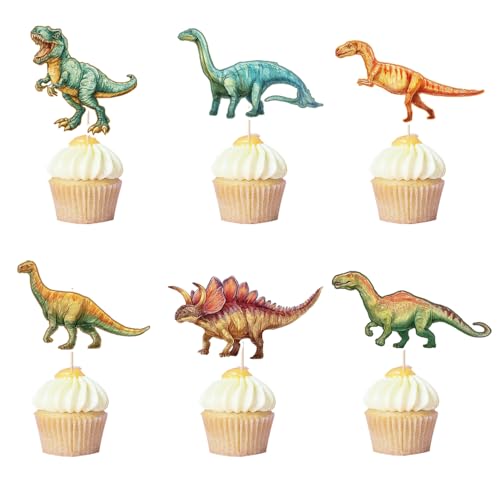 PALASASA 48 Pcs Dinosaur Cupake Toppers for Kids Dino Theme Birthday Baby shower Party Cake Decorations Supplies