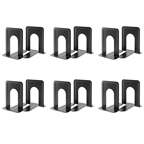 Image of MaxGear Book Ends Universal Premium Bookends for Shelves, Non-Skid Bookend | Heavy Duty Metal Book Stopper for Books /Movies /CDs /Video Games, 6 x 4.6 x 6 in, Black, 6 Pairs /12 Pieces, Large