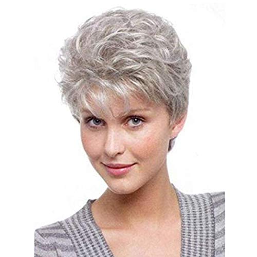 Umeet Short Fluffy Curly Wavy Hair Natural Grey Synthetic Wigs With Bangs for Women With Wig Cap Grey 13.3 Inch