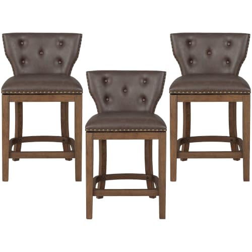 Image of ROME + OAK Carlynd 26 inch Swivel Counter Stool, Walnut, Saddle Brown, Set of 3 | Low Back Kitchen Barstool with Vegan Leather Upholstered Seat for Counter Height Dining