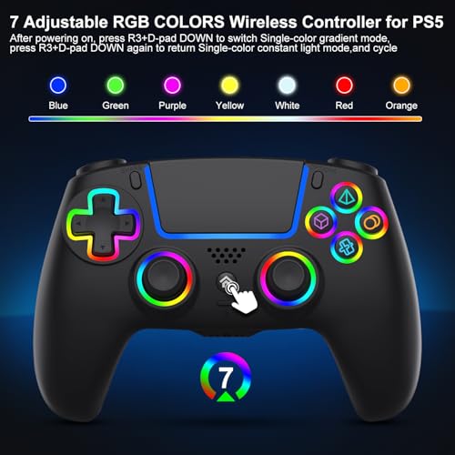 Image of ADHJIE Compatible with PS5 Controller, RGB LED Wireless Controller for PS5 | PS5 Slim /PS5 Pro /PC with 3.5mm Audio Headset Jack&1000mAh Built-in Battery, Turbo&Dual Vibration, Black