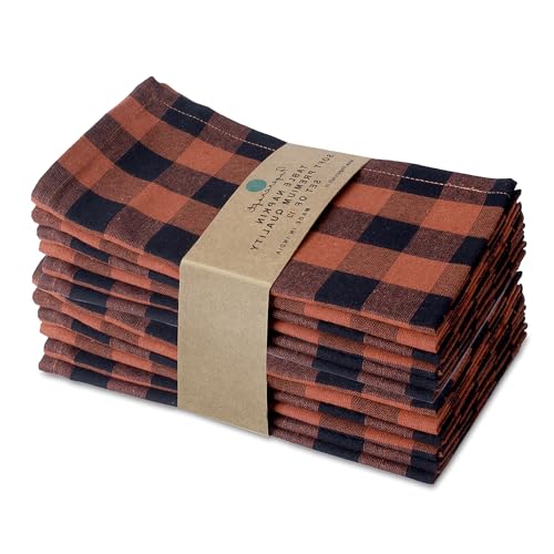 FINGERCRAFT Cloth Napkins, Everyday Use, Premium Quality, Cotton Buffalo Plaid, Set of 12, 20X20 Inch Oversized Napkins Cloth Mitered Corners, Soft, Durable Hotel Quality Rust Black Checkered