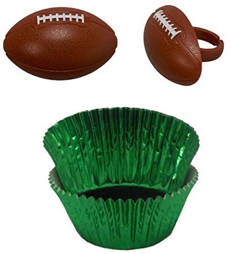FOOTBALL Cupcake Toppers and Liners Football Cupcake Rings with Coordinating Green Foil Baking Cups Enough for 60 CupcakesThe