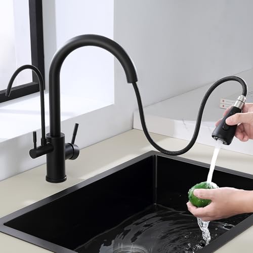 ROVOGO 3 Way Kitchen Mixer Tap Black with Pull Out Spray & Water Filter, Monobloc Dual Lever Sink Mixer Tap, High Arc Stainless Steel 304 Kitchen Faucet 360° Swivel, C-Spout