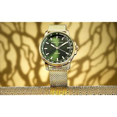 Perry Ellis Solar Powered Mens Watch | Steel Mesh Band | Water-Resistant Analog Wrist Watches for Men | 43mm Case | Aluminum Tachymeter Bezel | Elegant Gift for Man
