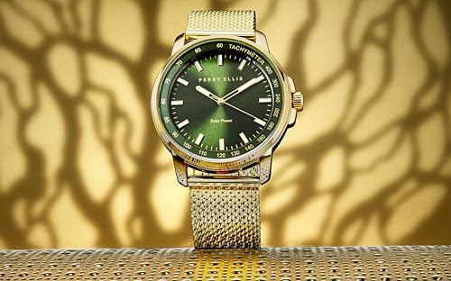 Perry Ellis Solar Powered Mens Watch | Steel Mesh Band | Water-Resistant Analog Wrist Watches for Men | 43mm Case | Aluminum Tachymeter Bezel | Elegant Gift for Man (Gold) by Perry Ellis - Image 4