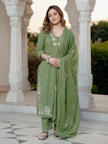 Image of Arayna Women's Pure Cotton Embroidered Kurta Pant Dupatta Set | Straight Kurta with Floral Embroidery | Ethnic Suit Set for Women