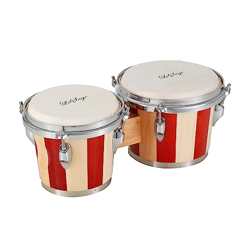 LeSage Bongo Drums for Adults 7\" and 8\" Wood Bongos Set Real Skin Drum Head with Tuning Key