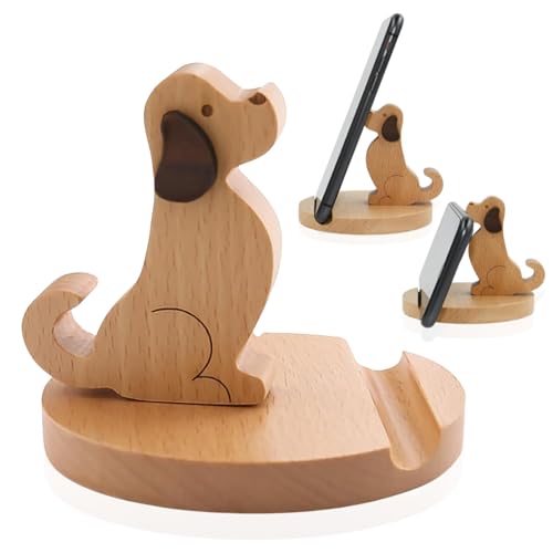 MENUY Handyhalter Holz Niedlicher Tier-Handyständer Aus Holz – Dekorativer Desktop-Smartphone- & Tablet-Halter, Handyständer Für Schreibtisch, Büro & Zuhause(Welpen)