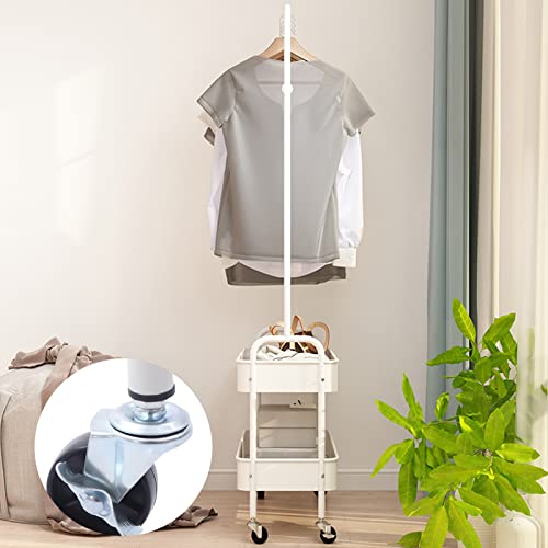 Dyrabrest Simple Design 2-In 1 Garment Rack With Wheels Clothing Rack With 2 Tier Metal Basket Clothes Organizer Rack Laundry Cart With Hanging Rack For Home Bedroom (White) #TOP5