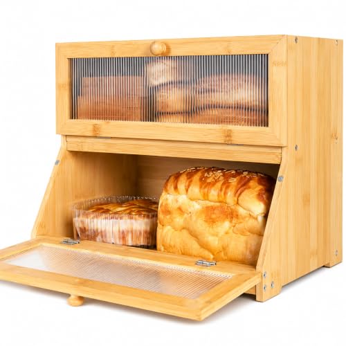 APYFID Bread Bin & Bamboo Bread Box – Two Layer with Window & Cutting Board