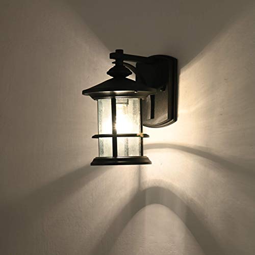 Image of MICSIU Outdoor Wall Light Fixture 3 Pack Exterior Wall Mount Lantern Waterproof Vintage Wall Sconce with Clear Seedy Glass for Front Porch, Patio, Backyard, Textured Black (Large)