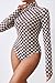 Melliflo Womens Turtle Neck Checkered Bodysuit Long Sleeve Fashion Mesh Sheer Sexy Going Out Shapewear Tops Brown