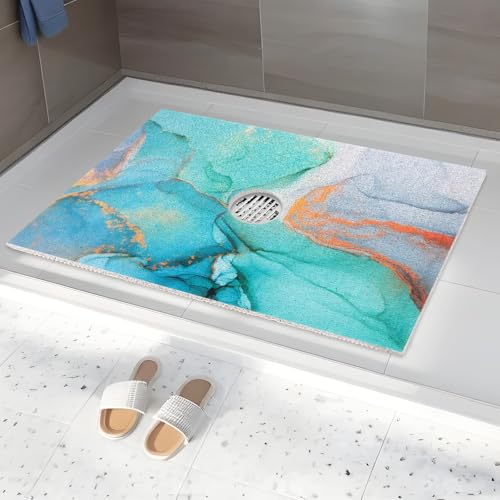 Image of Square Shower Mat Non Slip: 32 x 24 Inch Extra Large Shower Mats with Drain Hole in Middle - PVC Loofah Anti Slip Shower Floor Matt for Inside Shower