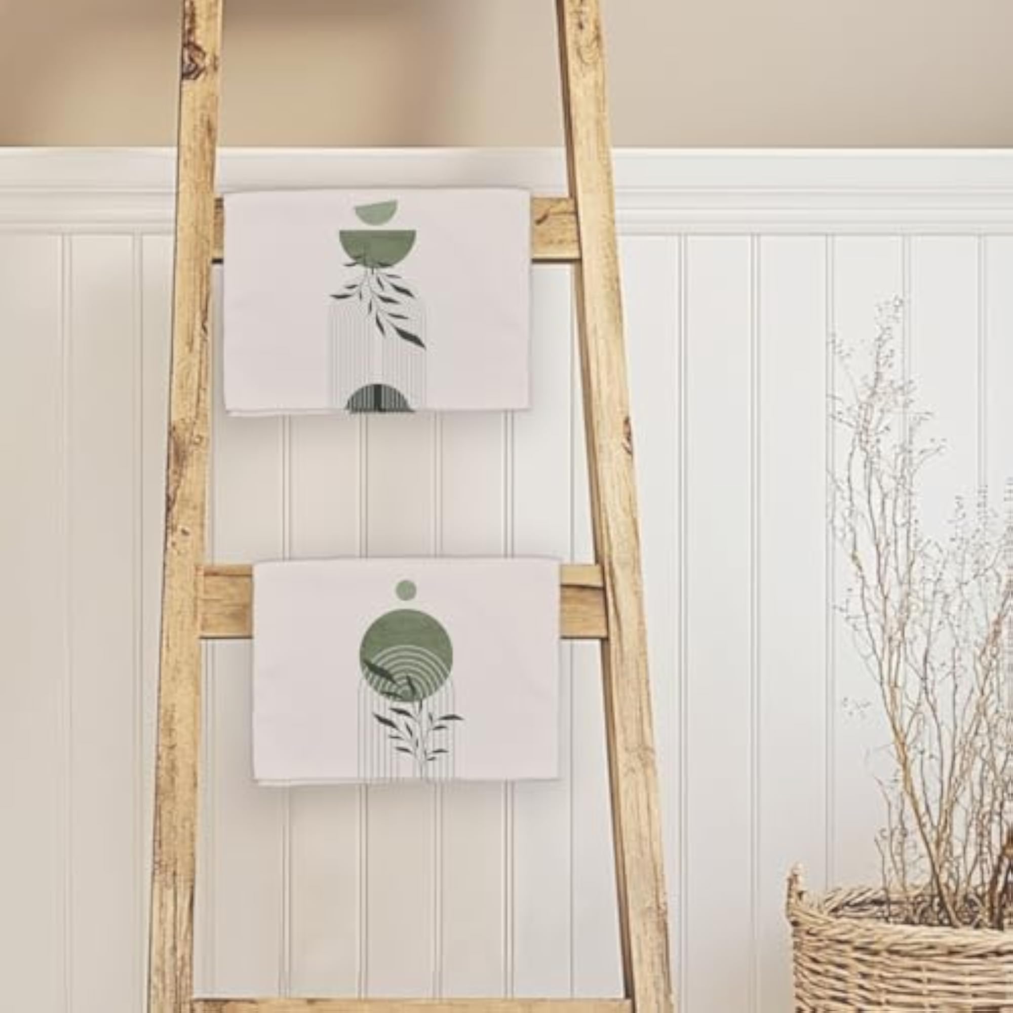 Boho Sage Green Kitchen Towels, Mid Century Modern Decor