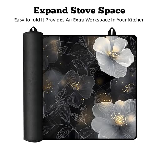 Image of Multi-Design Stove Top Cover for Glass /Electric Stoves - 3-in-1 Heat-Resistant Protector Mat, Non-Slip Drying Rack 28 inchx20 inch (White Flowers, 28 inch L x 20 inch W)