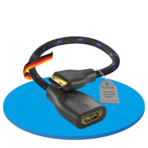 Sonero® Adaptador de Ahorro de Puertos Mini HDMI a 4K HDMI, Alta Velocidad Premium, Enchufe Mini HDMI C a Toma HDMI A, contactos chapados en Oro, Doble blindaje, Funda de algodón, 0,15 m