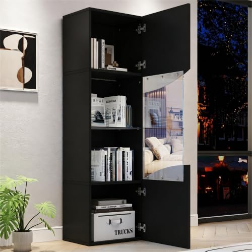 Merax Vitrina de 35 x 50 x 165 cm, vitrina de cristal brillante con control de aplicación LED, armario de vitrina con puerta de cristal y 4 estantes, vitrina de pie, armario multifunción, color negro