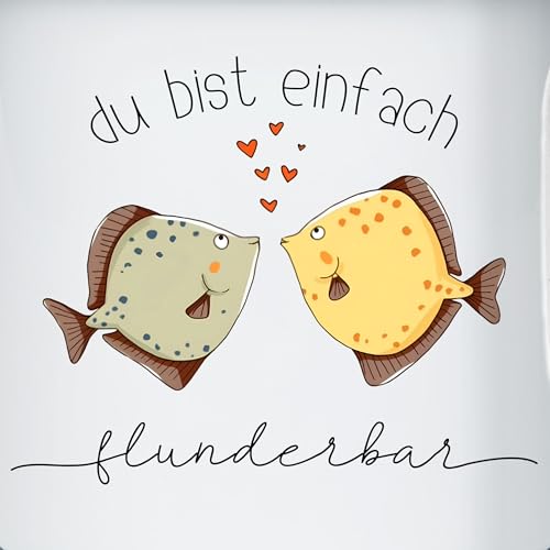 Emaille Becher Blechbecher - Tassen - Du bist einfach flunderbar I Pärchen Geschenke Spruch Flunder Kompliment I Liebeserklärung Geschenk Freundschaft I Paar Geschenke - 300 ml - Weiß Blau