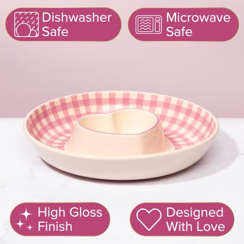 Paris Hilton Chip and Dip Serving Tray, Finely Crafted Stoneware with Heart-Shaped Dipper, Gingham Design, Microwave and Dishwasher Safe, 12-Inch, Pink