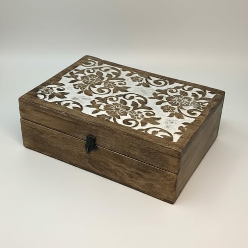 MMI DECOR Handmade mango wood Rectangle carved Box 10x7'' White Wash Finish Keepsake Box Jewellery Organiser Unique Gift Ideas for Men & Women with Hinged Lid (Damask)