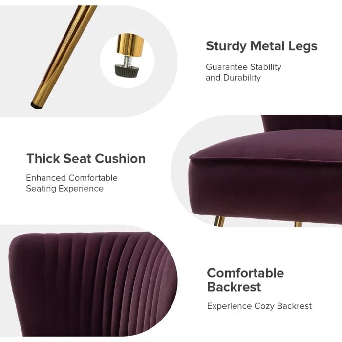 Image of Modern Upholstered Accent Velvet Chair Single Seater Channel Tufted Wing Back Chair with Golden Matel Legs for Living Room, Bedroom, Dining Room, Purple