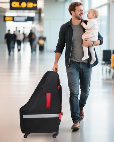 Image of MCBD Car Seat Travel Bag for Airplane, Foldable Baby Carseat Backpack for Travel Padded Carseat Carrier for Airport Gate Check, Infant Stroller Cover with Reflective Strips