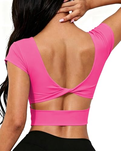 Image of DaiLiWei Open Back Workout Tops for Women Short Sleeve Longline Sports Bras Support Crop Tank Yoga Shirts with Built in Bra