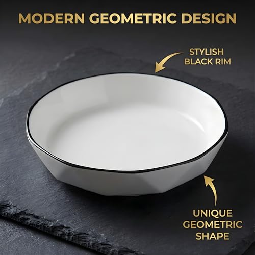Image of Premium White Ceramic Pasta Dishes Set of 2, 8-Inch Large Shallow Salad Plates with Elegant Black Rim, Modern Geometric Faceted Design, Stackable, Microwave & Dishwasher Safe Dinnerware