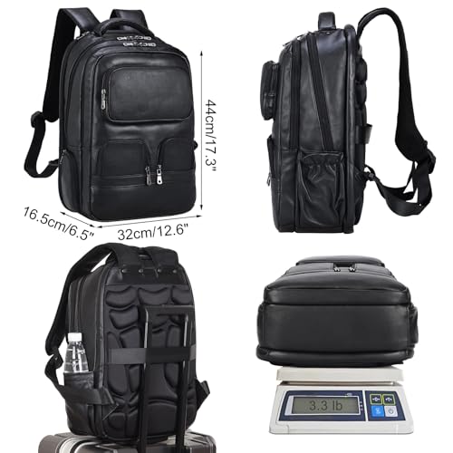 Masa Kawa Black Genuine Leather 17" Laptop Backpack for Men Large Summer Business Travel Rucksack Bag Overnight Daypack4