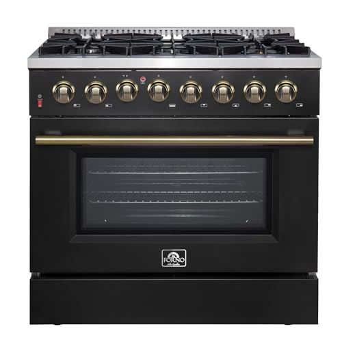 Forno Galiano 36-Inch Dual Fuel Range in Black – 6 Sealed Burners 83,000 BTU, 5.36 cu.ft. True Convection Oven – Elegant Brass Handles & Knobs, Electric Oven, Gas Cooktop – FFSGS6156-36BLK