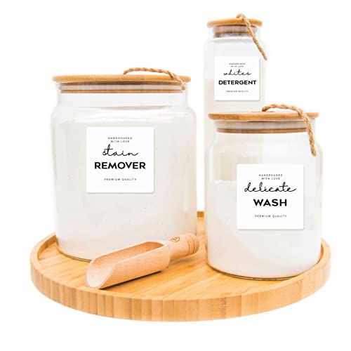 Minimalistisches Waschraum-Etikett, v2croft 36 weiße, matte Aufkleber auf durchsichtigen Kanistern, Heimorganisations-Aufkleber für Waschküche, Bettwäsche und Reinigungsmittel, Badezimmer, Küche Cover