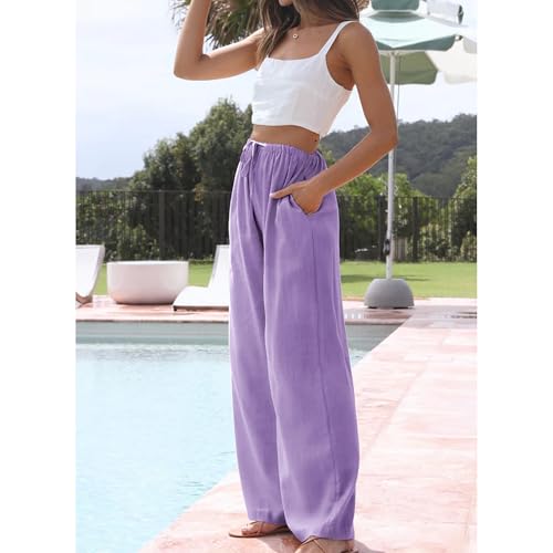 Image of Duyang Womens Cotton Linen Palazzo Pants Drawstring Elastic Waist Casual Wide Leg Trousers with Pockets