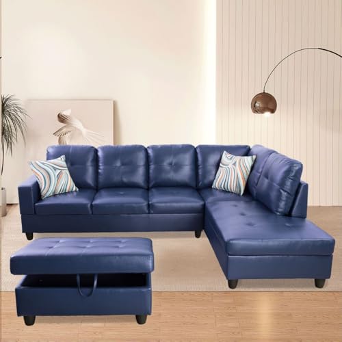 Image of L-Shaped 3-Piece Semi PU Synthetic Leather Sofa with Storage Ottoman Set, Sectional Couch Sofa Set for Living Room, Office, Small Space, Blue