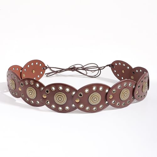 Western-Boho-Belt for Womens Wide-Disc-Hollow-Concho Lace-up PU-Leather Waist Belt for Dress Jeans2
