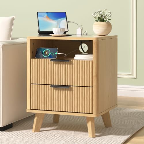 HOMMPA 18'' Fluted Nightstand with Charging Station, Modern Bedside Table, 2 Drawer Bed Side End Table with Open Compartment & 4 Support Legs, Wood Night Stand for Bedroom, Curved Profile Design - image 6