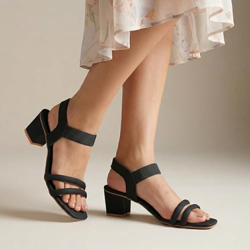 Image of SKOLL Women's Low Block Heel Strappy Sandals, Comfort Elastic Ankle Strap Open Toe Heeled Sandals, Casual Dressy Walking Sandals with Dual Front Straps