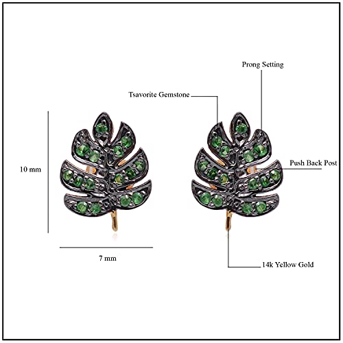 Shweta Creations 14K Yellow Gold Leaf Design Green Tsavorite Birthstone Stud Earrings For Women - Natural Tsavorite Gemstone 0.16 Carats Fine Earring Jewelry For Girls #TOP3